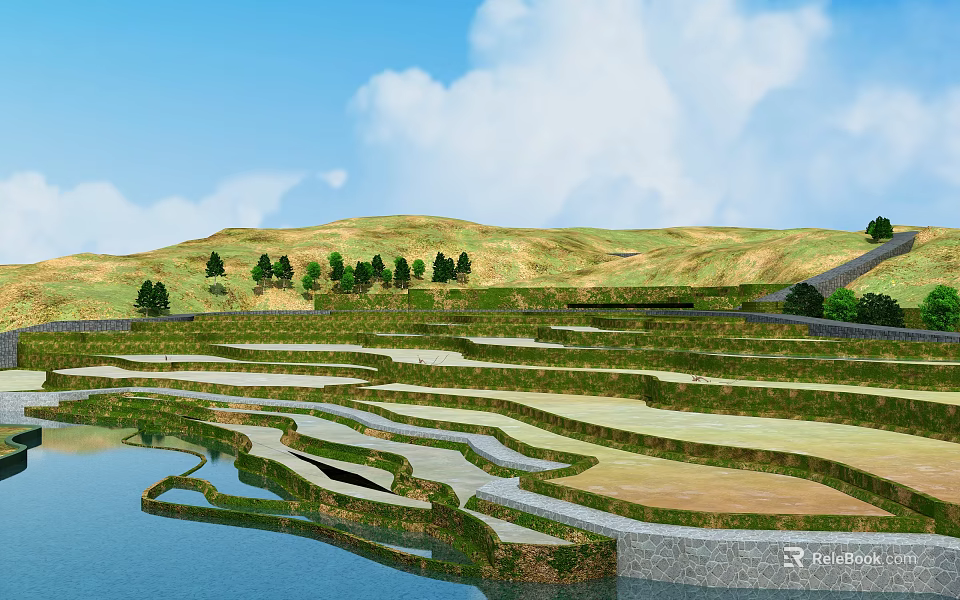 Stunning Terraced Fields Scenery With Water Reflection Green Trees And Distant Hills Under Blue Sky 3d model 