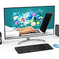 Modern Computer Setup With Large Monitor Laptop Keyboard Mouse Speakers And Colorful Screen Icons