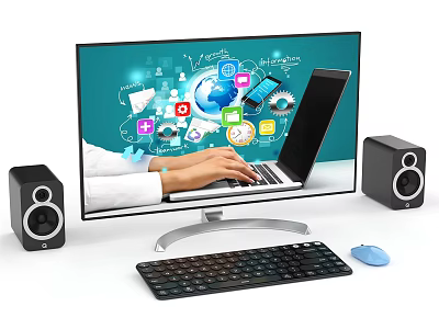 Modern Computer Setup With Large Monitor Laptop Keyboard Mouse Speakers And Colorful Screen Icons 3d model