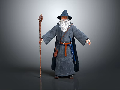 Wizard Character With Long White Beard Pointed Hat Gray Robe And Wooden Staff 3d model