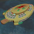 Cartoon Scene With Yellow Flying Craft Featuring Green Circular Patterns And Blue Water