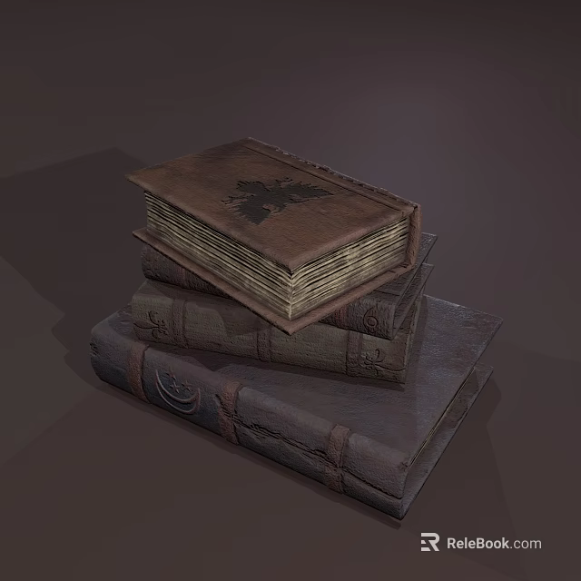 Three Antique Leather Bound Books Stacked With Decorative Spines And Top Black Pattern 3d model 