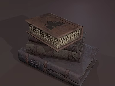 Three Antique Leather Bound Books Stacked With Decorative Spines And Top Black Pattern 3d model
