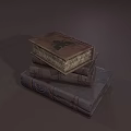 Three Antique Leather Bound Books Stacked With Decorative Spines And Top Black Pattern