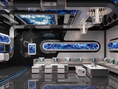 Modern Luxury KTV Interior With Blue Decor Sofas Chandeliers And TV Screens 3d model