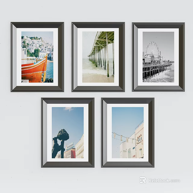 Framed Landscape Paintings Featuring Seascape Pier Buildings Silhouette And Street Views 3d model 