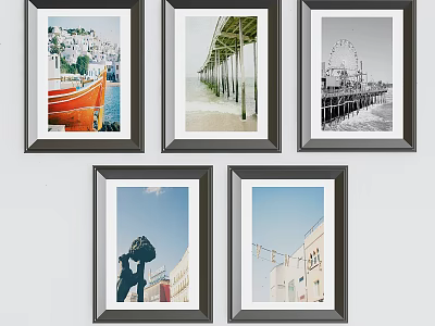 Framed Landscape Paintings Featuring Seascape Pier Buildings Silhouette And Street Views 3d model