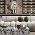 Elegant Modern Living and Dining Room Interior With Marble Wall Sofa and Dining Chairs