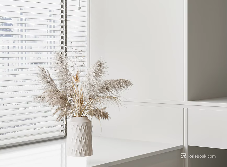 White Textured Vase With Dried Pampas Grass On Modern White Countertop By Window Blinds 3d model 