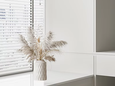 White Textured Vase With Dried Pampas Grass On Modern White Countertop By Window Blinds 3d model