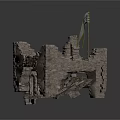 Detailed Miniature Castle Model With Stone Walls Ruined Structure Wooden Door And Flag