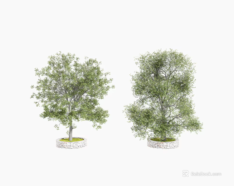 Outdoor Stone Tree Planter With Lush Green Trees And Decorative Base 3d model