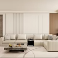 Modern Minimalist Cream Tone Living Room With Sectional Sofa Marble Coffee Table And TV Wall