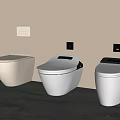 Three Modern White Wall Mounted Toilets with Sleek Design in Bathroom