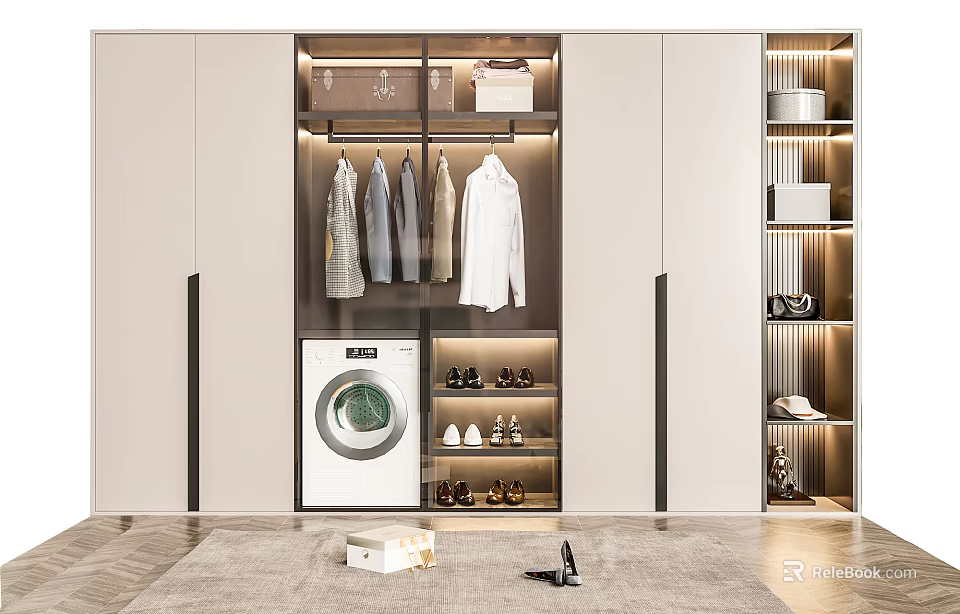 Modern Wardrobe Interior Design With Hanging Clothes Storage Cabinets Shoes And Washing Machine 3d model 