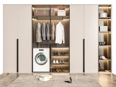 Modern Wardrobe Interior Design With Hanging Clothes Storage Cabinets Shoes And Washing Machine 3d model