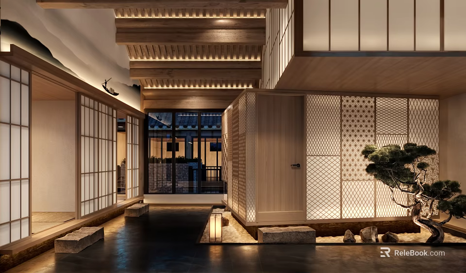 Traditional Japanese Style Hotel Lobby With Wooden Beams Shoji Screens And Decorative Lanterns 3d model 