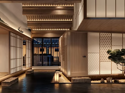Traditional Japanese Style Hotel Lobby With Wooden Beams Shoji Screens And Decorative Lanterns 3d model