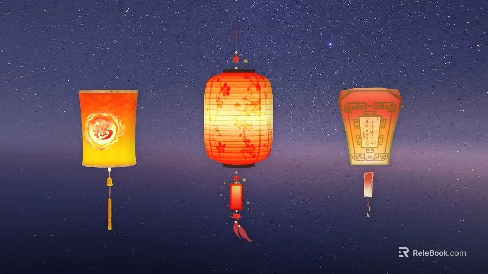 Traditional Chinese Lanterns With Decorative Patterns Hanging In Starry Night Sky 3d model 