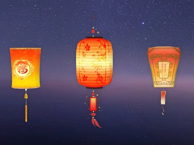 Traditional Chinese Lanterns With Decorative Patterns Hanging In Starry Night Sky 3d model