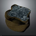 Full Burlap Sack Filled With Shiny Blue Coins On Gray Background