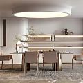 Modern Restaurant Interior With Round Dining Table Beige Chairs Pendant Lighting And Shelf Decor