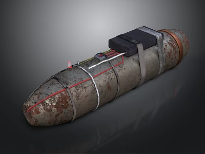 Rusted Cylindrical Bomb With Straps Red White Cables And Black Top Component 3d model