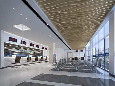 Spacious Modern Service Hall Featuring Service Windows Waiting Seats And Digital Screens 3d model