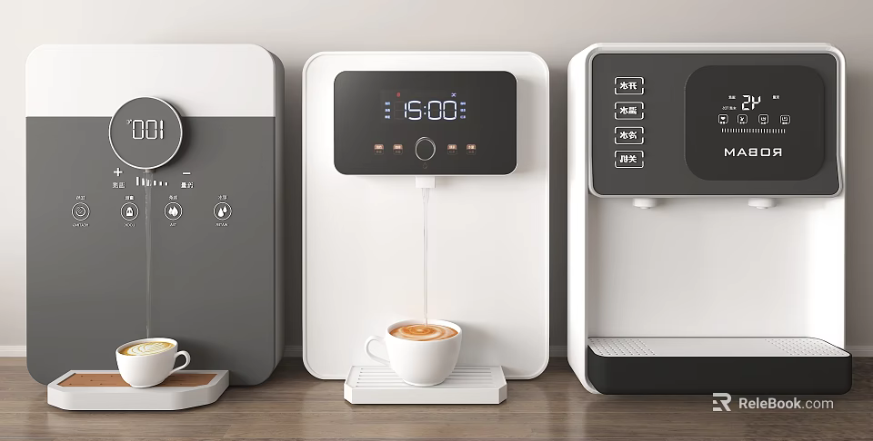 Modern Electric Coffee Makers With Digital Display White Gray Design And Coffee Pouring Into Cup 3d model 