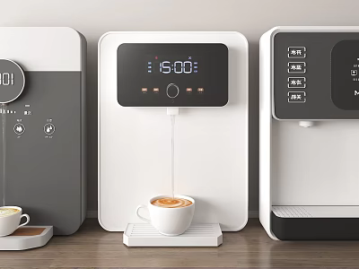 Modern Electric Coffee Makers With Digital Display White Gray Design And Coffee Pouring Into Cup 3d model