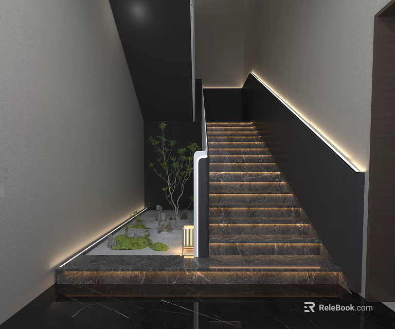 Modern Luxury Staircase Interior Featuring Marble Steps Ambient Lighting Green Plant And Pebbles 3d model 