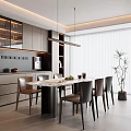 Modern Restaurant Open Kitchen Dining Space With Marble Table Pendant Lights And Chairs 3d model