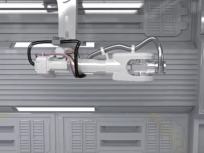 Automated Industrial Robotic Arm Equipment Mounted On Metal Frame With Connected Wires For Manufacturing 3d model
