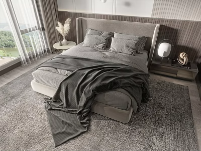 Cozy Double Bed With Gray Bedding Padded Headboard Bedside Table And Scenic Window View 3d model