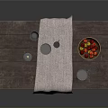 Rustic Wooden Dining Table With Table Runner Candle Plates Cups And Fruit Bowl