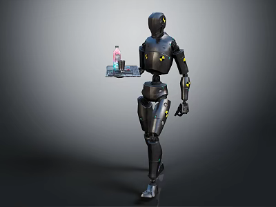 Futuristic Black Robot Holding Tray With Pink Bottle And Transparent Cup 3d model
