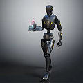 Futuristic Black Robot Holding Tray With Pink Bottle And Transparent Cup