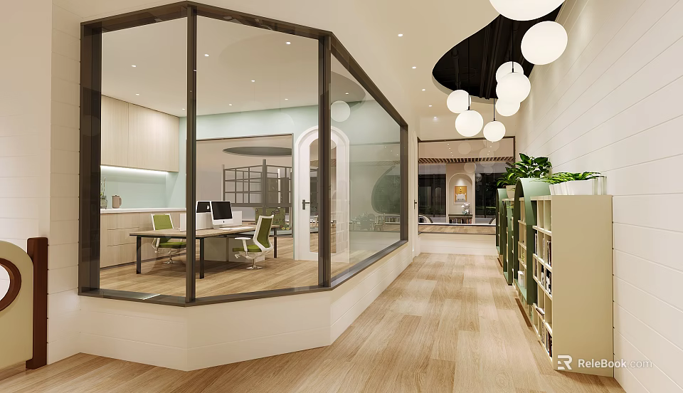 Kindergarten Bright Interior With Glass Partitions Tables Chairs Green Plants And Hanging Lamps 3d model 