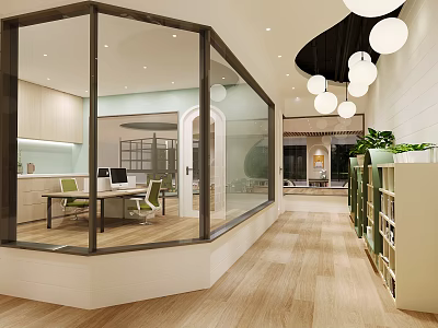 Kindergarten Bright Interior With Glass Partitions Tables Chairs Green Plants And Hanging Lamps 3d model