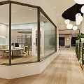 Kindergarten Bright Interior With Glass Partitions Tables Chairs Green Plants And Hanging Lamps
