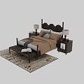 Double Bed With Dark Wood Carved Headboard Beige Bedding Nightstands Bench And Patterned Rug