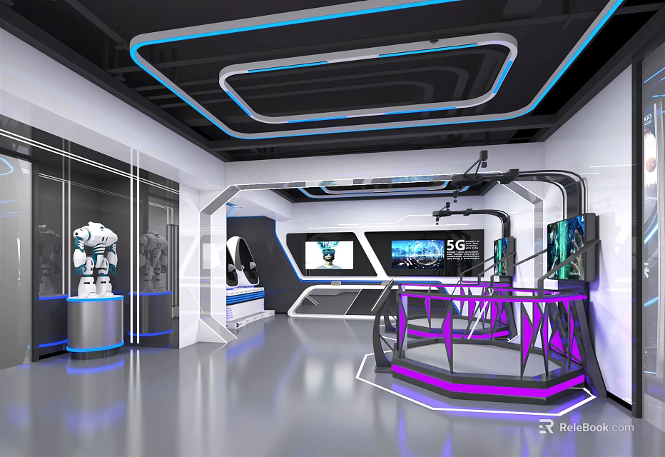 Futuristic Tech Exhibition Space Interior With Robot Displays 5G Signage And LED Lights 3d model 