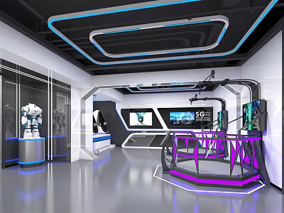 Futuristic Tech Exhibition Space Interior With Robot Displays 5G Signage And LED Lights 3d model