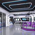 Futuristic Tech Exhibition Space Interior With Robot Displays 5G Signage And LED Lights