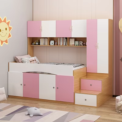 Pink And White Kids Bed With Built In Bookshelf Drawers And Storage Steps 3d model