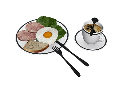Delicious Breakfast Plate With Sausages Fried Egg Lettuce Bread And Coffee 3d model