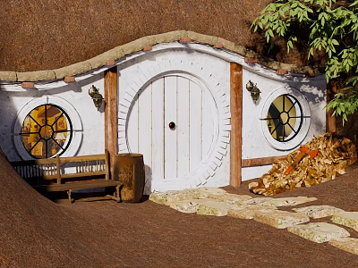 Cottage Entrance With Thatched Roof White Round Door Round Windows Bench And Stone Steps 3d model