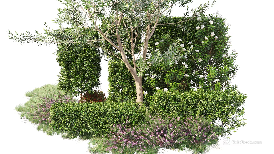 Lush Green Shrubs With White Flowers And Purple Blooms In Garden Landscaping 3d model 
