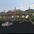 Modern Toll Plaza Structural Design With Canopy Lanes And Passing Vehicles