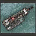 Detailed Red Dredger Model Showcased On Blue Water Platform With Machinery